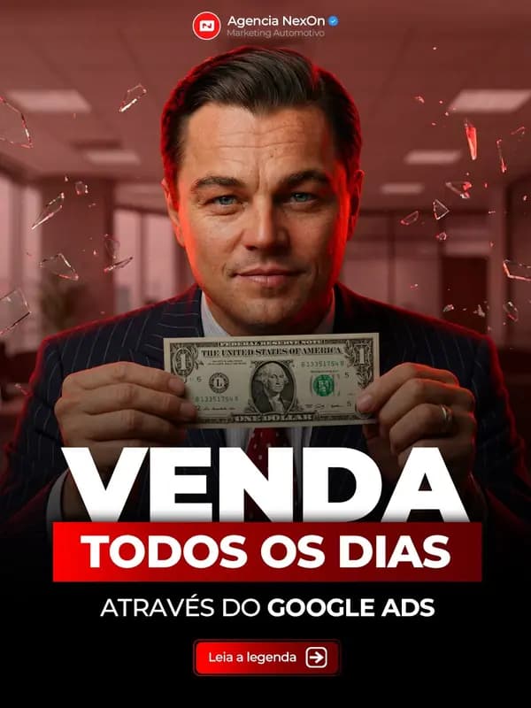 Criativo de anúncio: homem de terno segurando uma nota de um dólar, com o título “Venda todos os dias através do Google Ads”