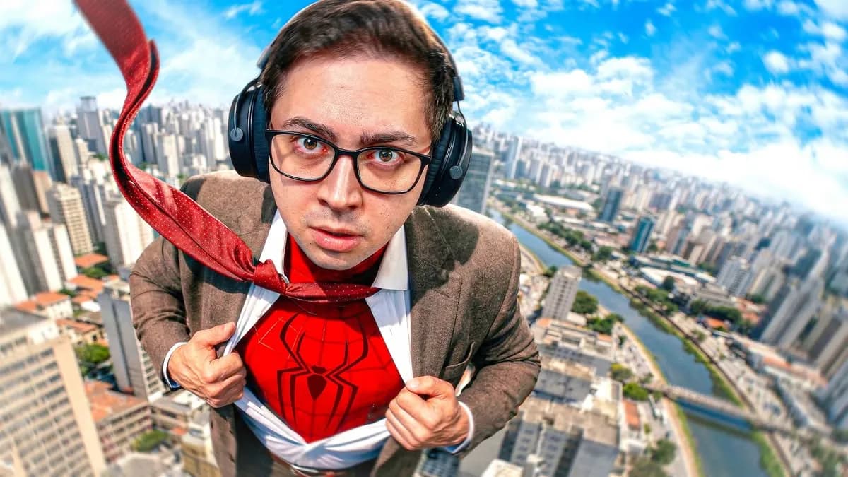 Exemplo de thumbnail: homem de óculos e fones abre a camisa e revela uma fantasia de super-herói, no alto de uma cidade